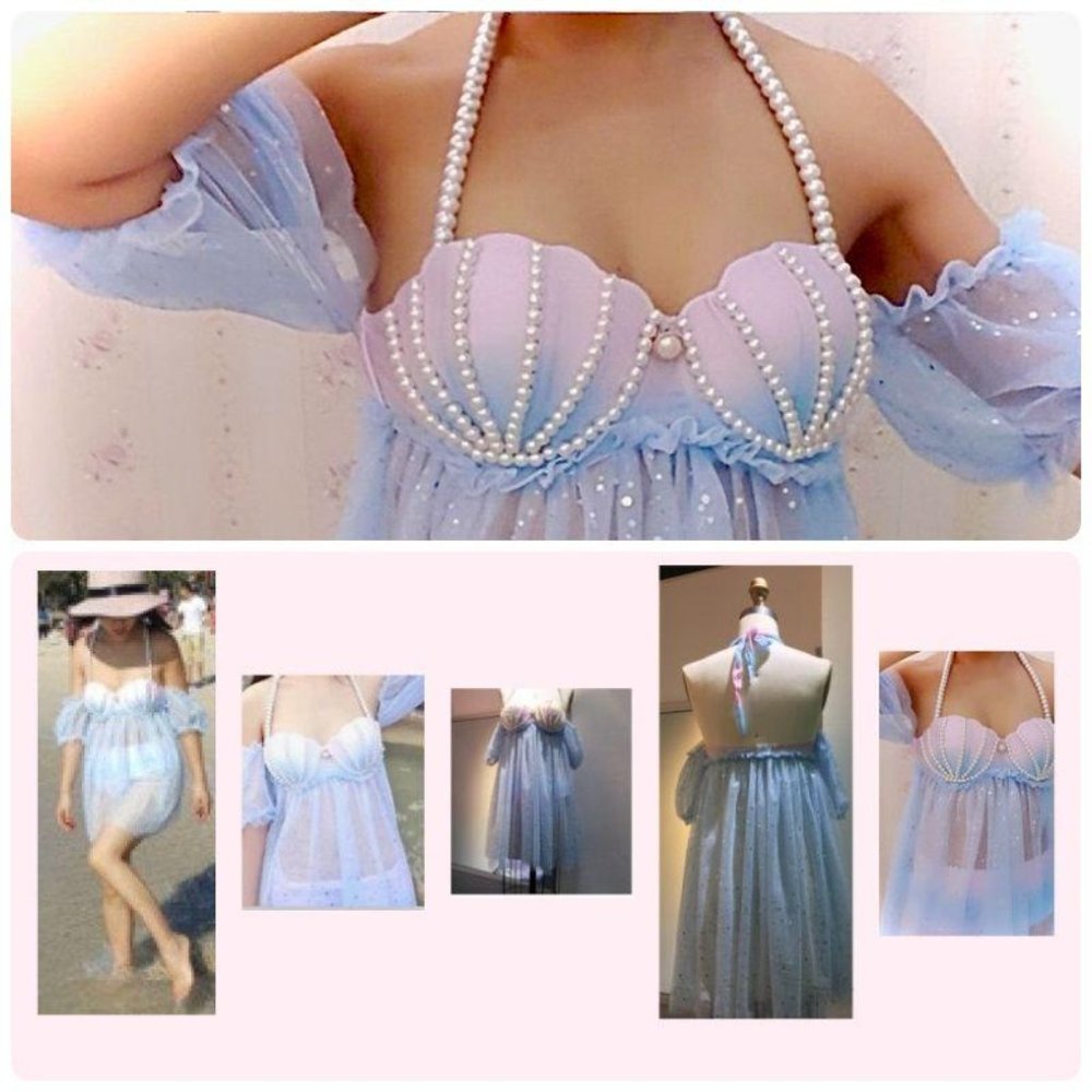 Mermaid Balletcore One of a Kind Handmade Pearl Embellished Sexy Bikini Dress - Picture 4 of 4